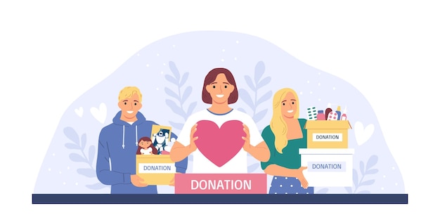 Smiling Volunteers with Donation Boxes and Heart Vector Illustration – Free Download