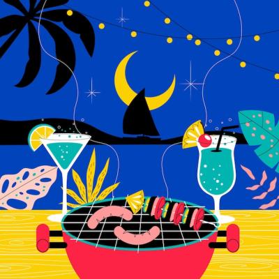 Flat Summer Night Illustration Featuring Grill and Cocktails – Free Download