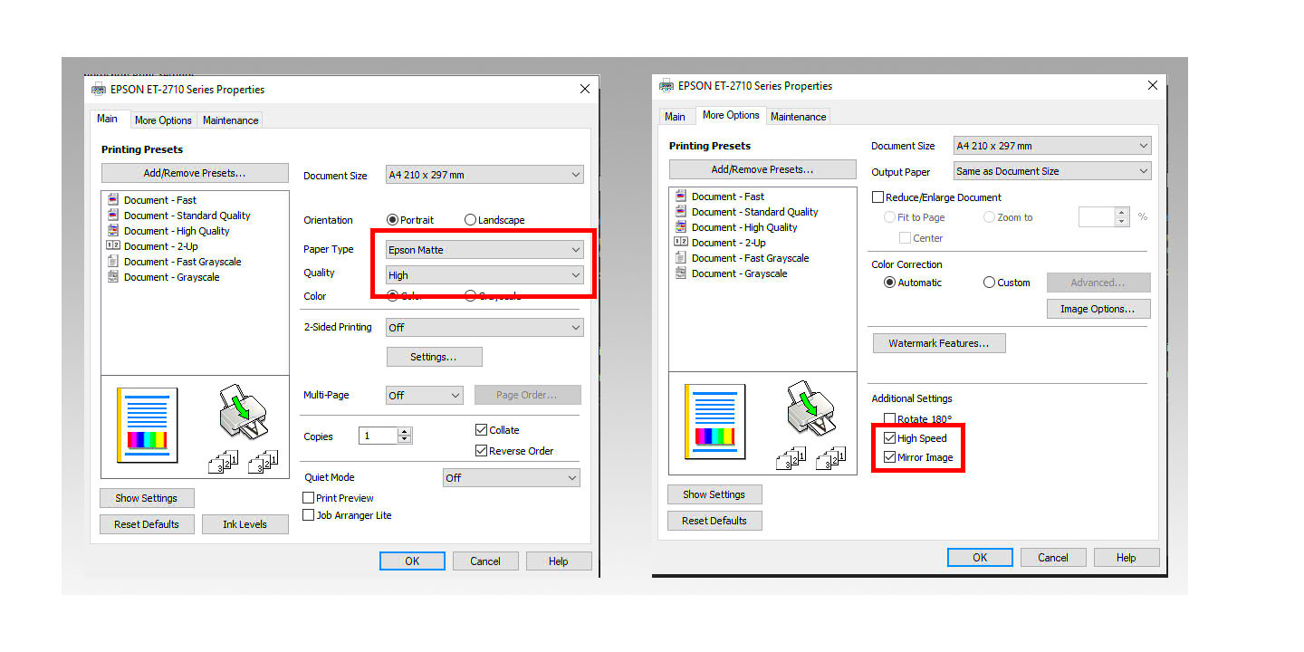 Print Settings for Style sublimation paper  Epson Printer on Windows 