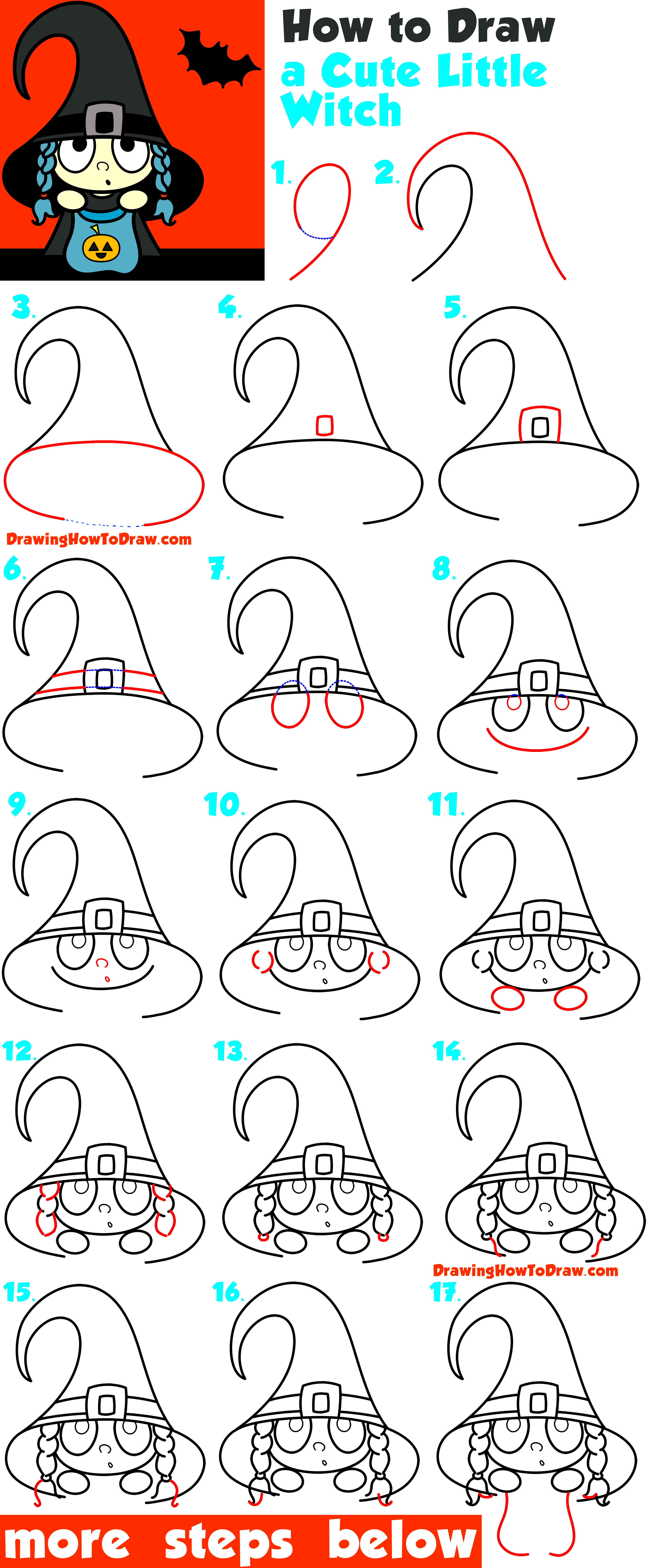 How to Draw a Cute Cartoon Kid Dressed Up as a Witch for Halloween 