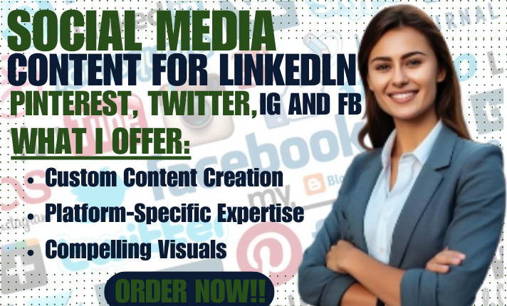 I will write engaging social media content for linkedln, pinterest, twitter, ig and fb