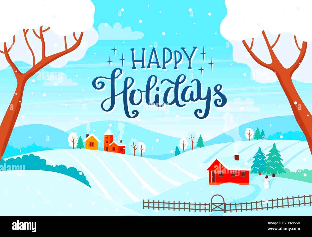 Happy holidays card  Winter landscape with trees fields houses 