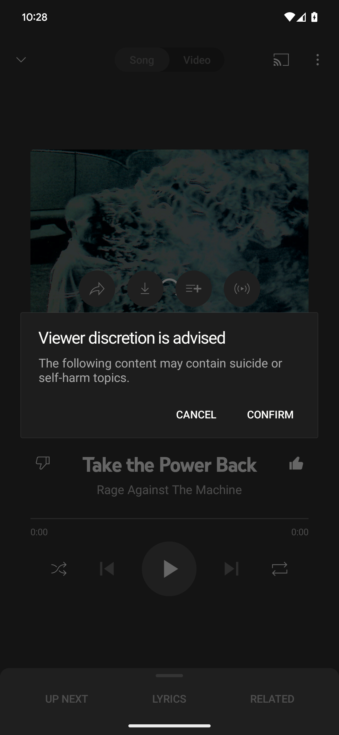 YouTube Musics viewer discretion popup interrupts playback