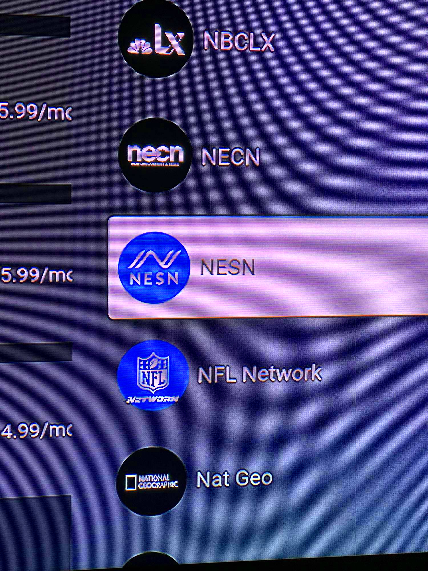 NESN showing in list of available channels  youtubetv