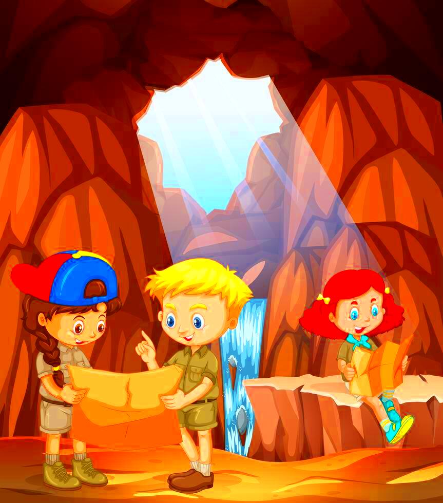 children exploring a cave 298174 Vector Art at Vecteezy