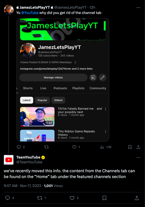 Why did Youtube remove the channel tab  ryoutube