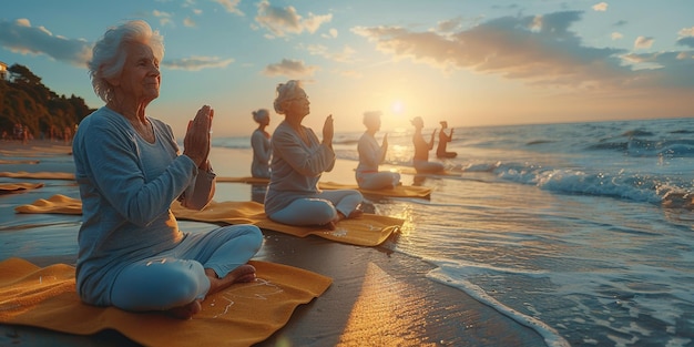 Elderly Group Practicing Beach Yoga at Sunset – Free Download