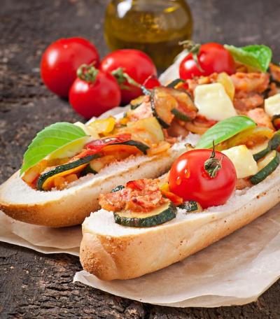 Roasted Vegetable Sandwich with Cheese and Basil on Rustic Wooden Surface – Free Download