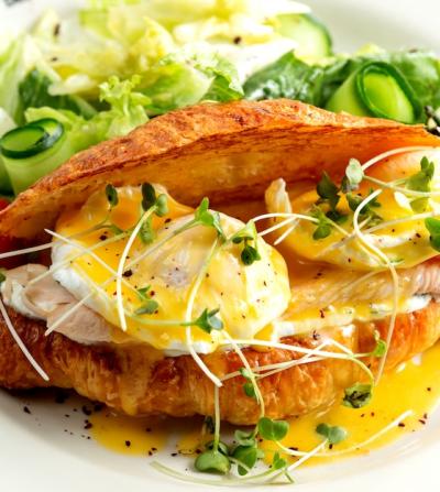 Close-Up of Chicken Sandwich with Egg Benedict in Croissant – Free Download