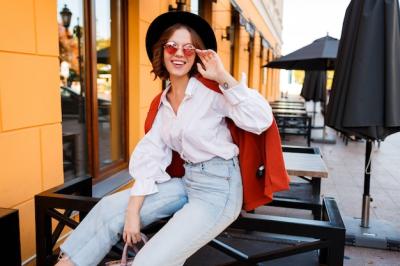 Smiling European Girl in Cute Orange Sunglasses and Black Hat – Free Download