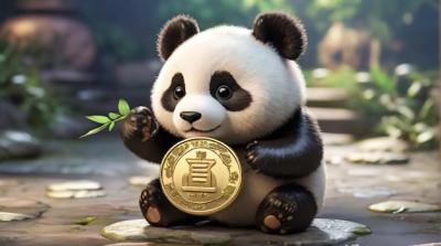 A Panda Bear Holding a Coin with “Panda” Inscription – Free Download