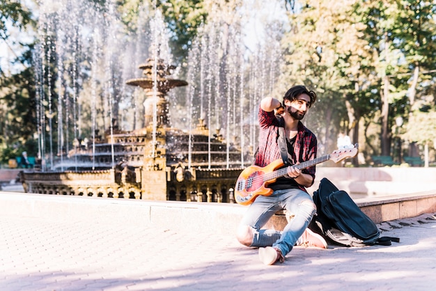 Boy with Electric Guitar at Fountain – Free Stock Photo, Download Free