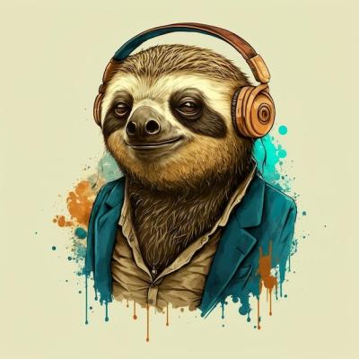 Cartoon Lazy Sloth Businessman Enjoying Music with Headphones – Free Download