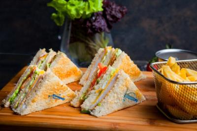 Club Sandwich with French Fries on Wooden Serving Board – Free Download