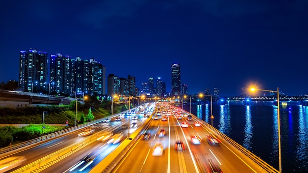 Stunning Nighttime Traffic and Cityscape in Seoul, South Korea – Free Download