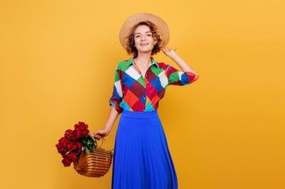 Pretty European Woman in Blue Dress with Bouquet of Flowers – Summer Mood | Free Download