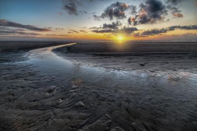 Stunning Sunset Reflection on Mudflat Under Cloudy Sky – Free Download