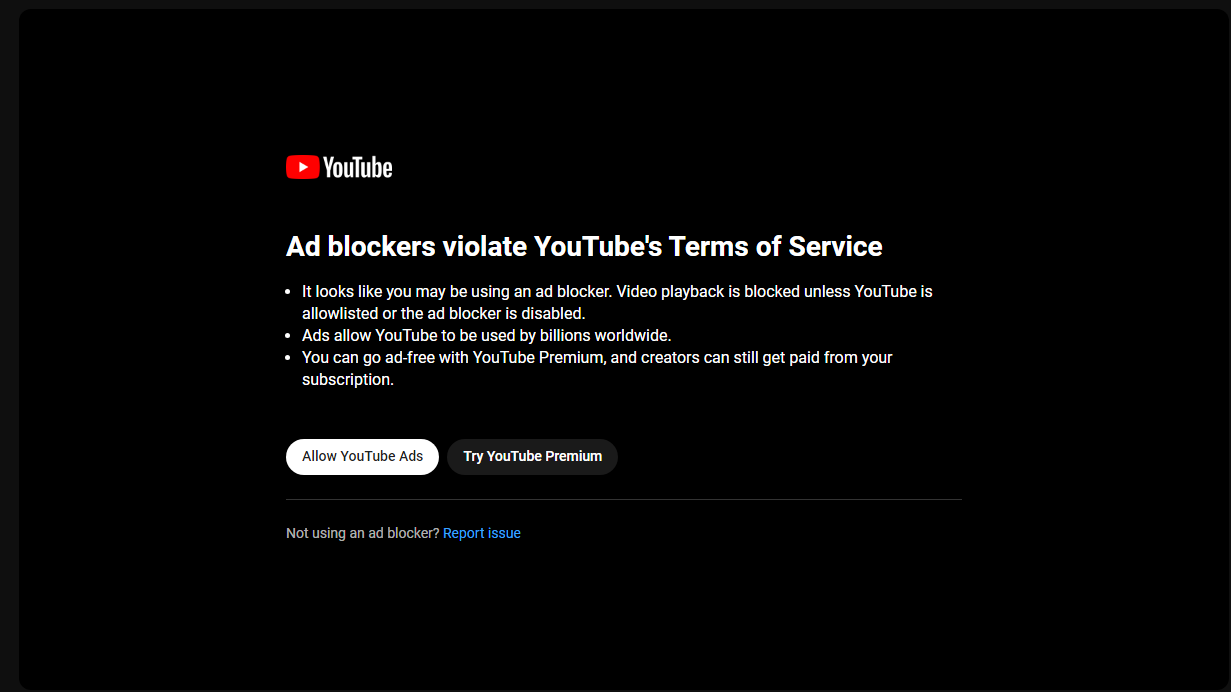 No longer blocking ads on youtube Videos will not play Says to 