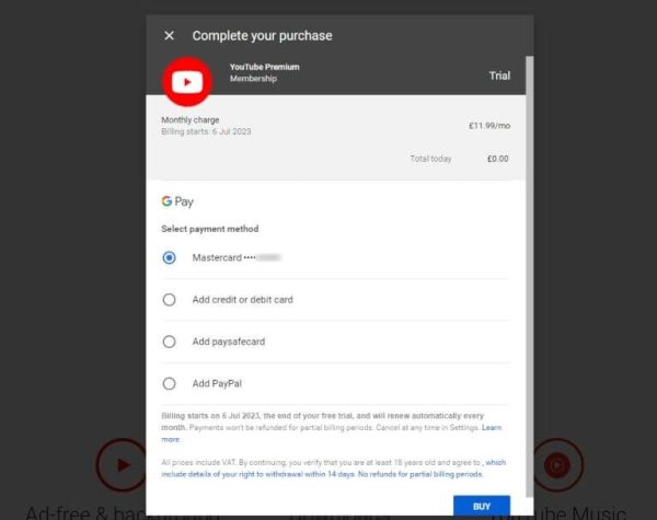 YouTube premium How to add and change payment methods