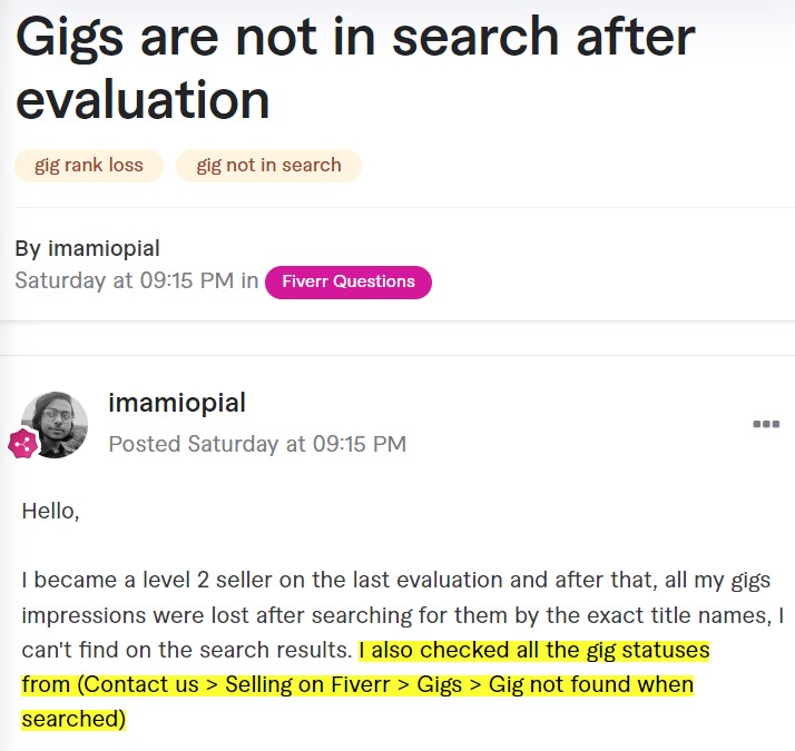 Fiverr gigs orders clicks  impressions drop or missing in search