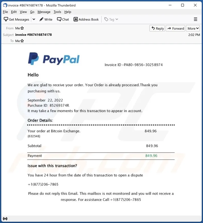 Estafa por correo electrnico PayPal  Your Order Is Already Processed 