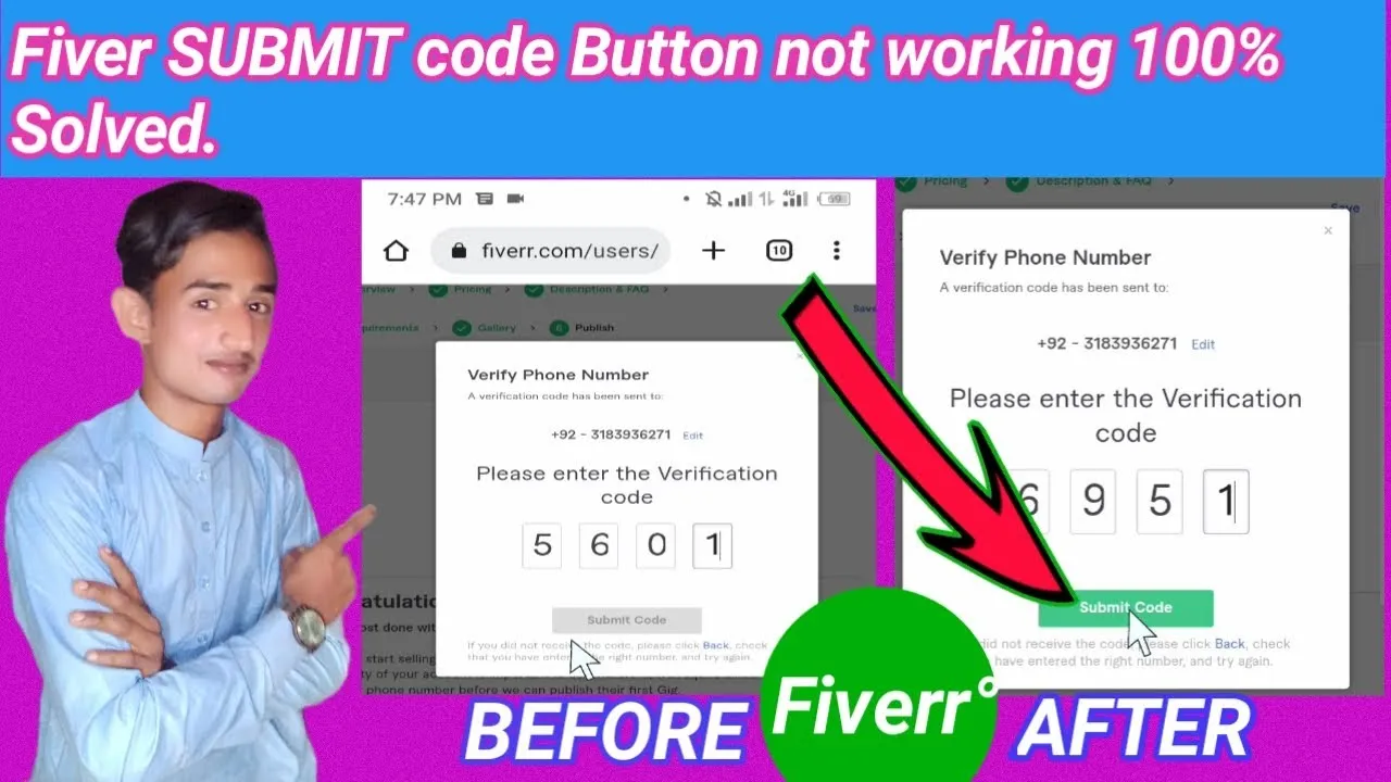 Enable submit code button on fiver  How to fix phone number 