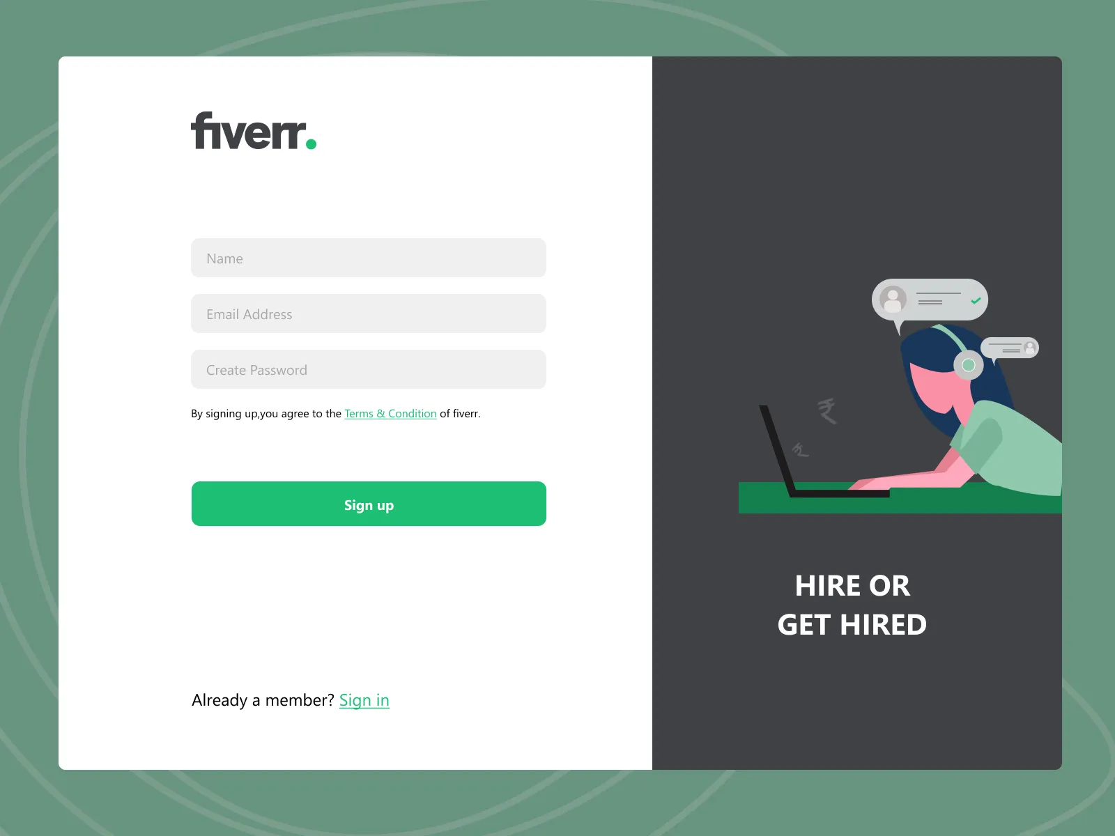 fiverr Login screen concept by aparna07 on Dribbble