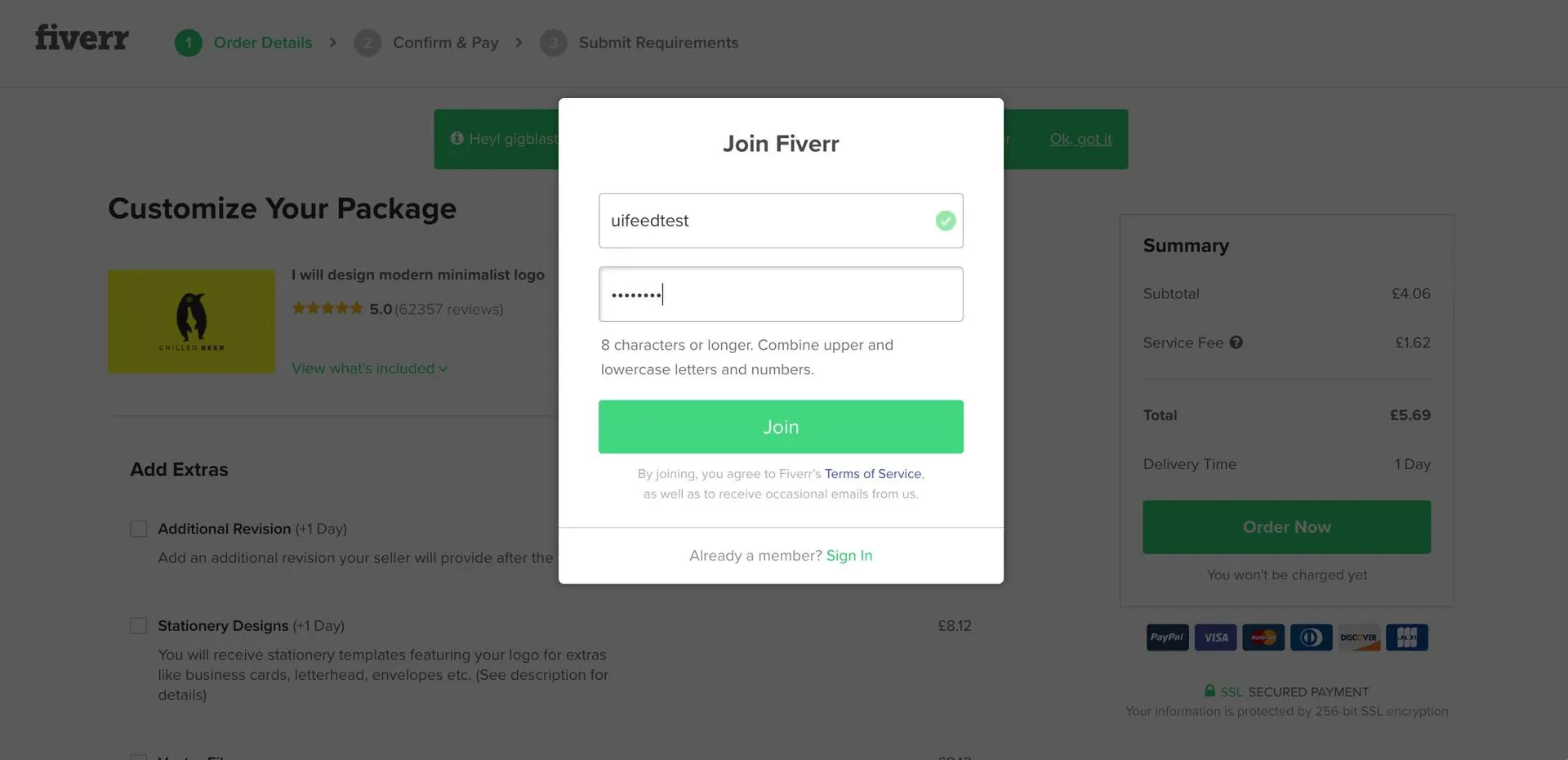 Fiverr sign up screenshot