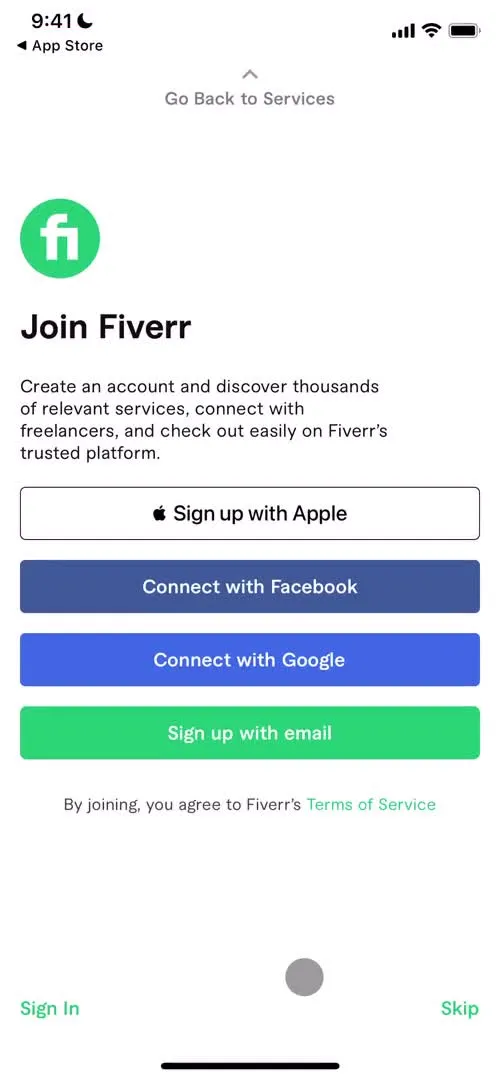 Fiverr sign up screenshot