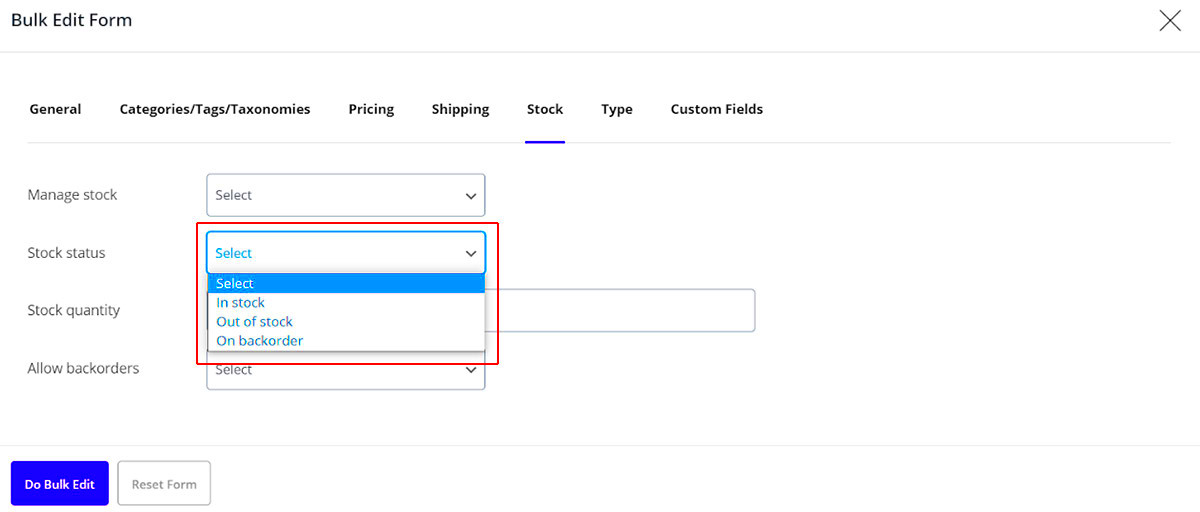 How to bulk edit WooCommerce product stock settings at the same time 