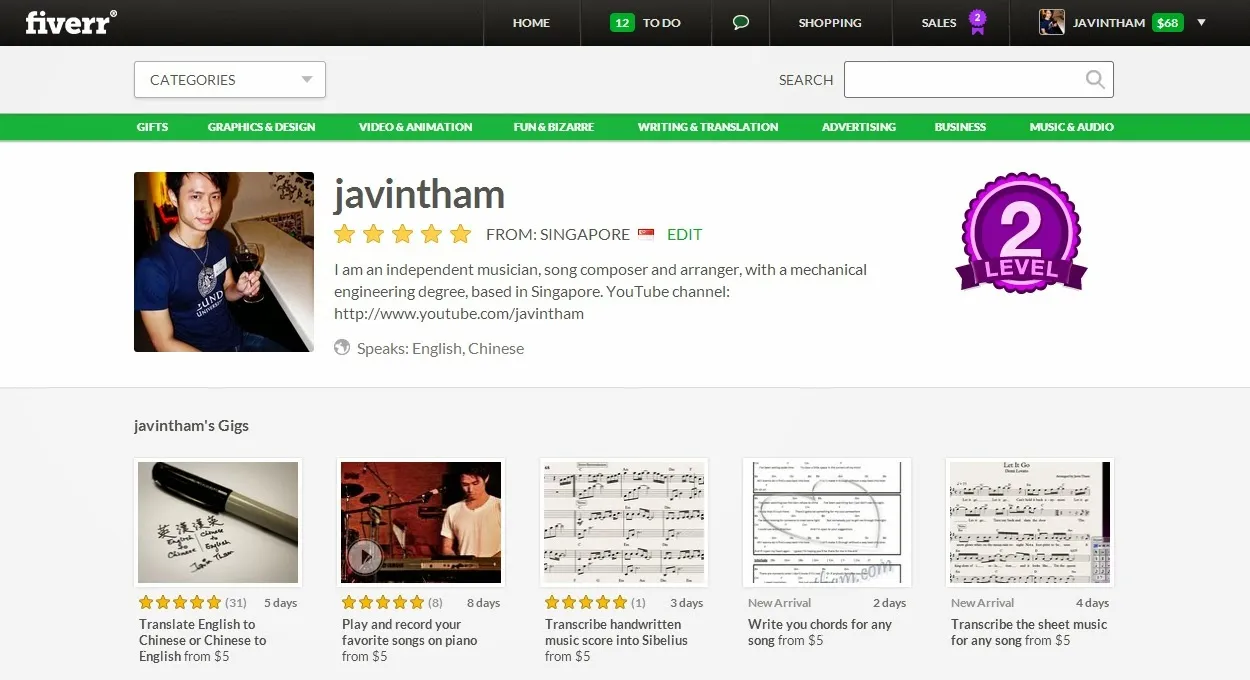 Fiverr Promoted to Level 2  Javin Tham