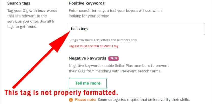 Tag list must contain at least 1 tag how to fix it on Fiverr