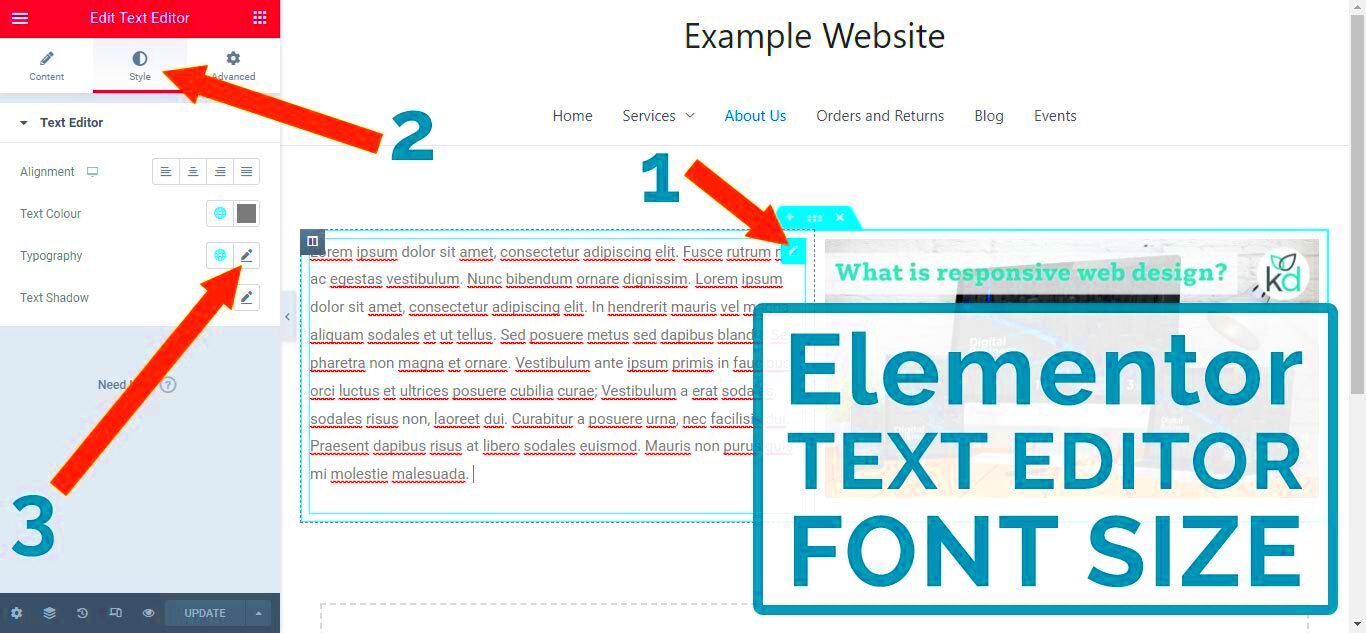 Elementor text editor  editing text font size and line spacing