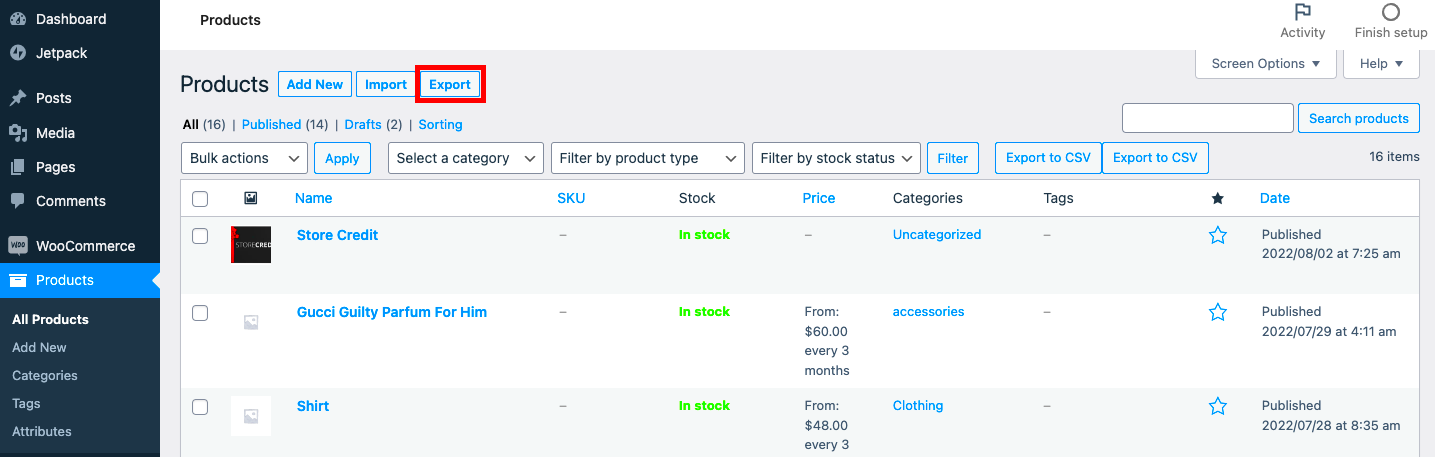 How to export selected WooCommerce products