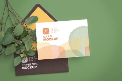 5x7in Card Mockup Featuring Envelope and Eucalyptus Branch – Free Download