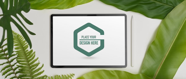 Mockup of Digital Tablet with Stylus Pen and Various Leaves – Free Download