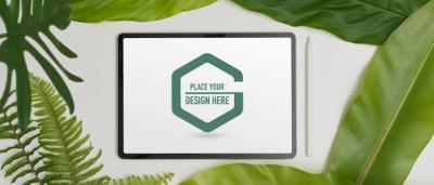 Mockup of Digital Tablet with Stylus Pen and Various Leaves – Free Download