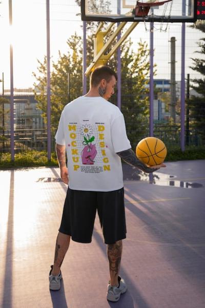 Cyber Street Wear T-Shirt Mock-Up on Basketball Court – Free Download