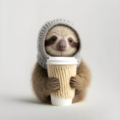 Cute Sloth Wearing a Knit Wool Beanie Holding a Cup of Coffee – Free Download