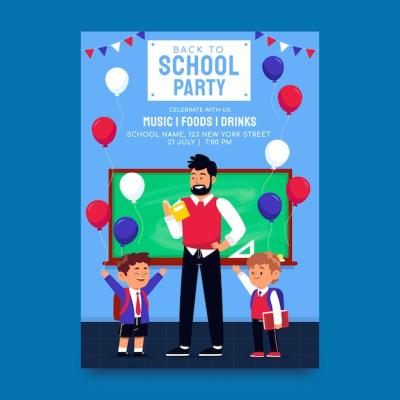 Back to School Party Poster Template Featuring Teacher and Kids in Classroom – Free Download