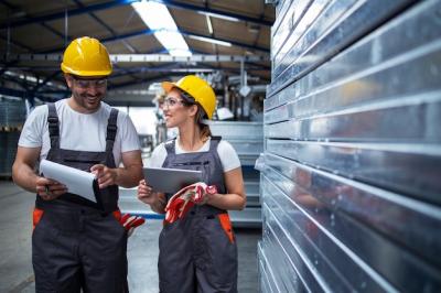 Factory Workers Discussing Production Efficiency in Industrial Plant – Free Download