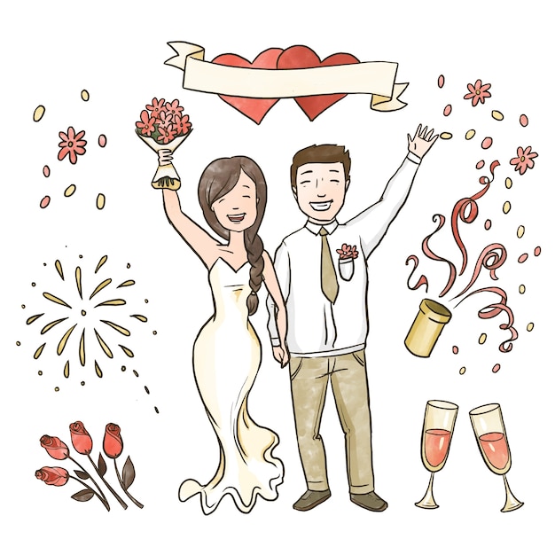 Hand Drawn Wedding Couples Celebrating – Free Download