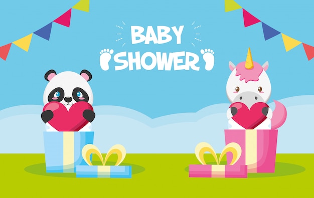 Panda and Unicorn in Gift Boxes for Baby Shower Card – Free Download