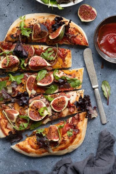 Delicious Flat Lay Food Photography of Pizza, Mozzarella, Fig, and Lettuce – Free Download