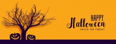 Happy Halloween Banner Featuring Scary Tree and Pumpkin – Free Download