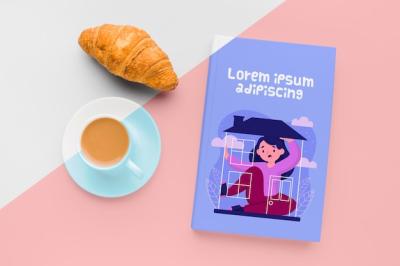 Book Cover Mock-Up Composition Featuring Coffee and Croissant – Free Download