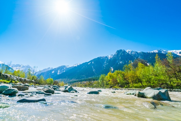 Stunning Landscape of Beautiful River and Snow-Covered Mountains in Kashmir, India – Free Download