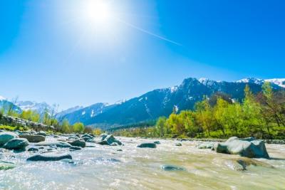 Stunning Landscape of Beautiful River and Snow-Covered Mountains in Kashmir, India – Free Download