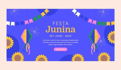 Flat Horizontal Banner Template for Brazilian Festas Juninas Celebrations – Free Download