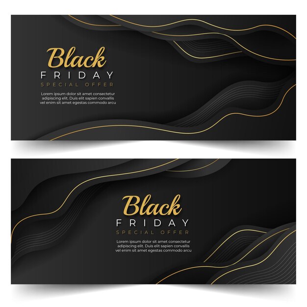 Realistic Wavy Black Friday Horizontal Banners Set – Free Download